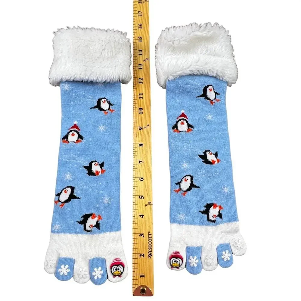 Festive Christmas Penguin Toe Socks in Blue with White Fluffy Fringe Snowflakes